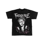 Black t-shirt with graphic design and 'Forever Free' text on a white background