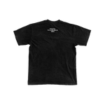 Black t-shirt with white text on a white background