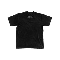 Black t-shirt with white text on a white background