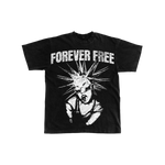 Black t-shirt with 'Forever Free' text and graphic design on a white background