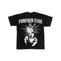 Black t-shirt with 'Forever Free' text and graphic design on a white background