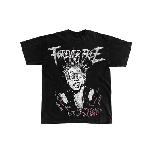 Black t-shirt with graphic design and 'Forever Free' text on a white background