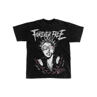 Black t-shirt with graphic design and 'Forever Free' text on a white background