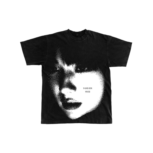 Black t-shirt with a white graphic design on a white background