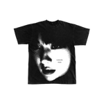 Black t-shirt with a white graphic design on a white background
