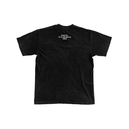 Black t-shirt with white text on a white background