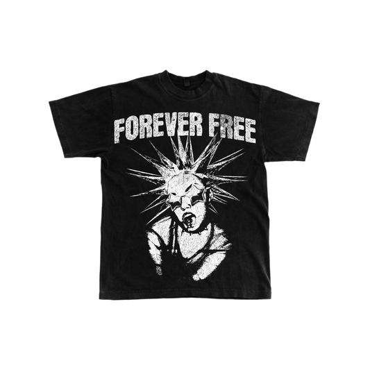 Black t-shirt with 'Forever Free' text and graphic design on a white background