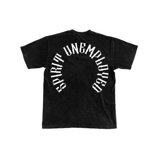 Black t-shirt with white text on a white background
