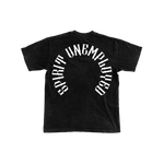 Black t-shirt with white text on a white background