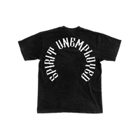 Black t-shirt with white text on a white background