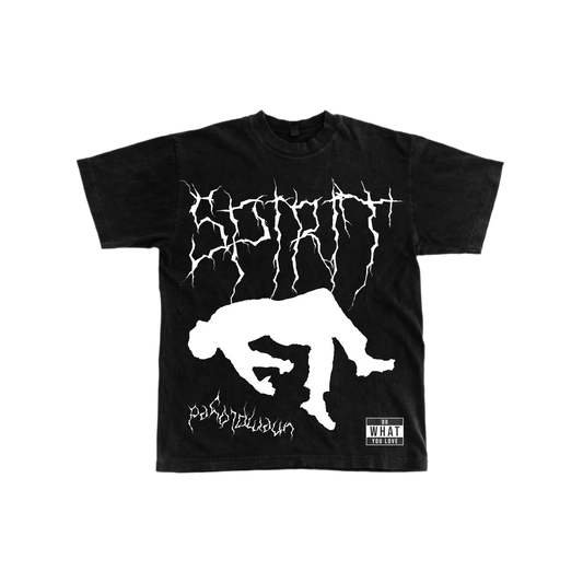Black t-shirt with white graphic design on a white background